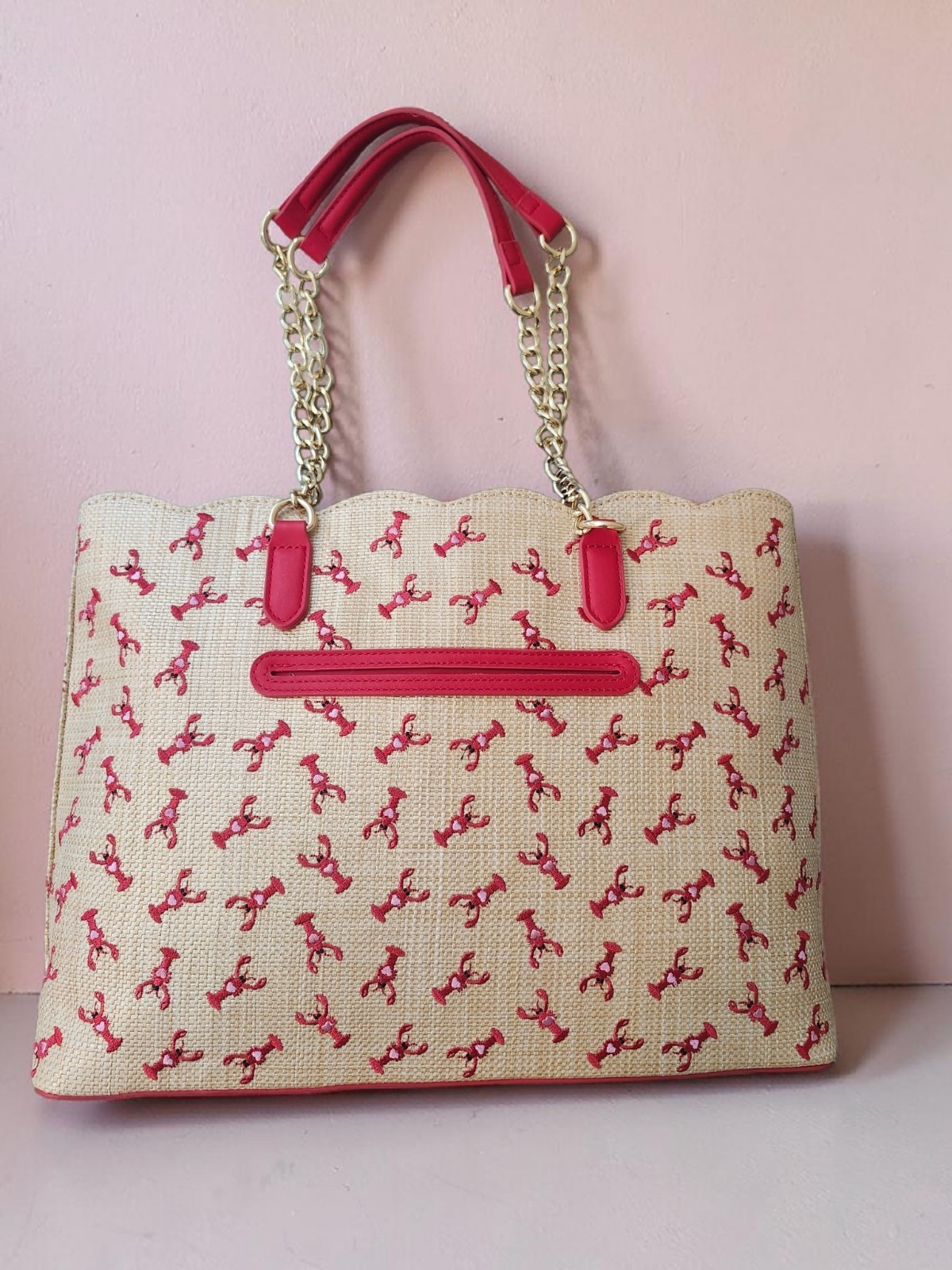 Betsey Johnson Lobster Print Straw Tote Beach Bag Scalloped Edges w/ Scarf New