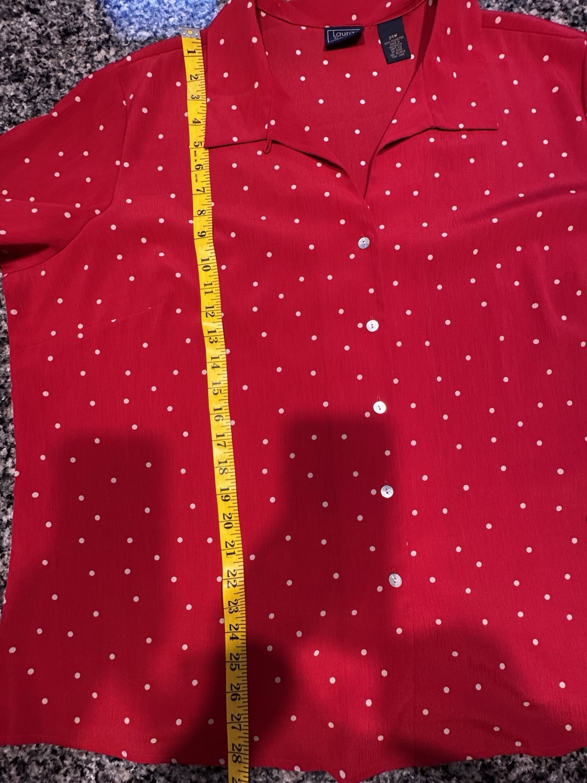 LAURA SCOTT Short Sleeve RED Polka Dot Print Collar Up Button Down Top Blouse 24