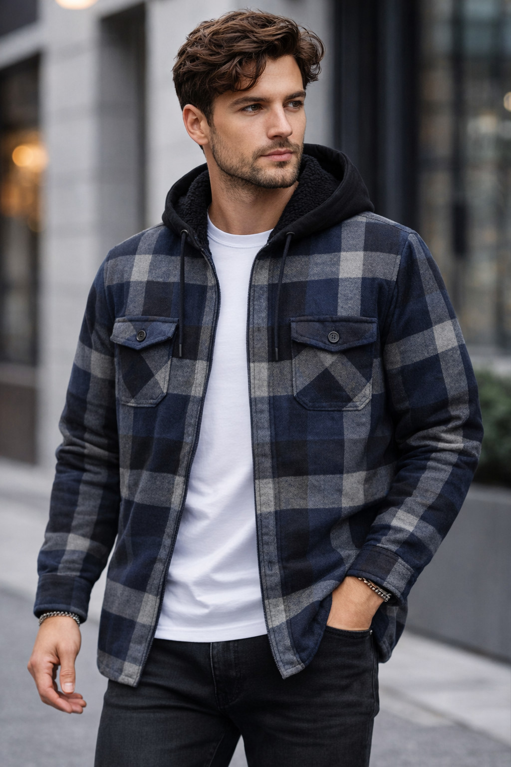 Men’s Sherpa Lined Flannel Hoodie Jacket Warm Zip Up Winter Coat M-XXL