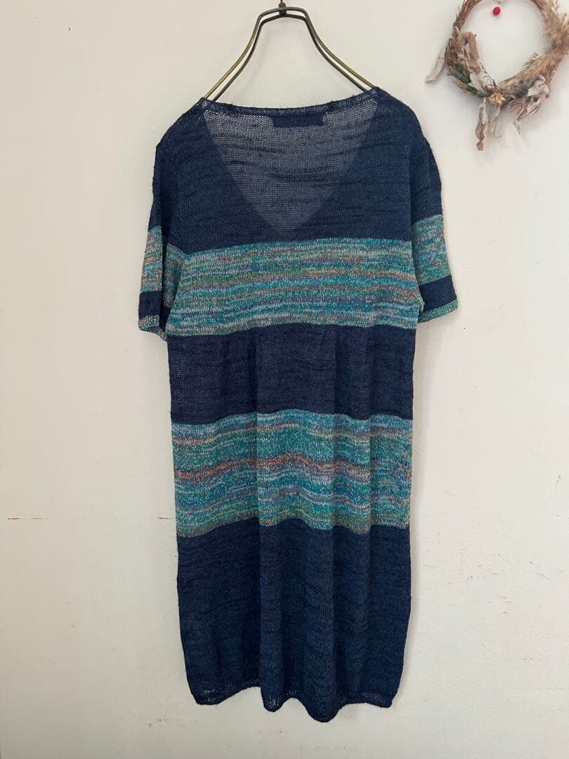 M.&KYOKO V Neck Multicolor Stripe Knit Dress Navy Free Size Rayon Paper Auth