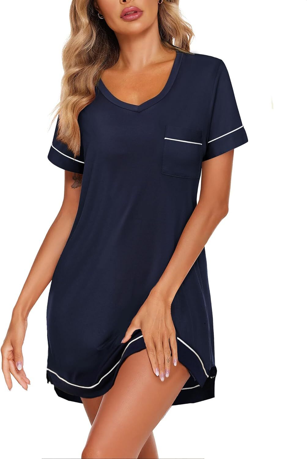 Womens V Neck Short Sleeve Nightgown Plus Size Sleepwear Soft Lounge Dress S-XXL