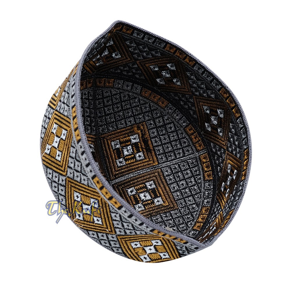 Dark Gray Rust Brown Embroidered Diamond Design Semi-rigid Pakistani-style Kufi