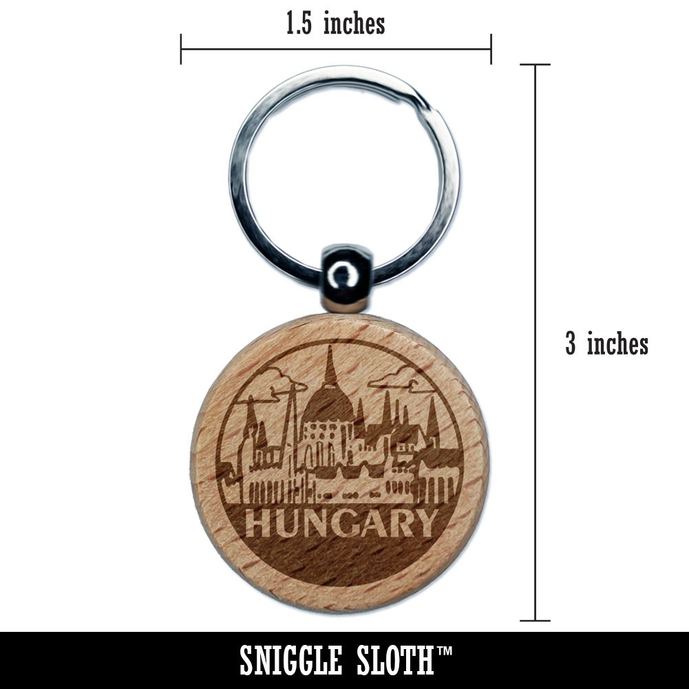 Hungary Budapest Parliament Building Engraved Wood Round Keychain Tag Charm