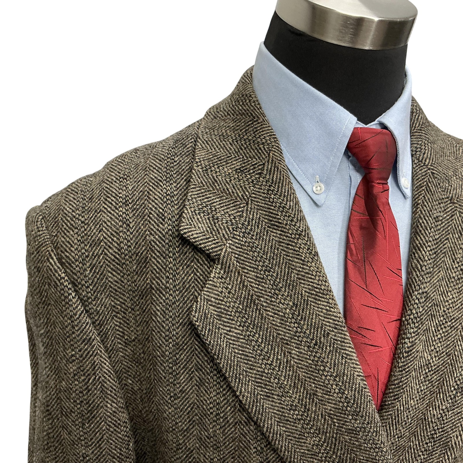 Deansgate Blazer Mens 48L Brown Herringbone Tweed Wool Sport Coat jacket Leather