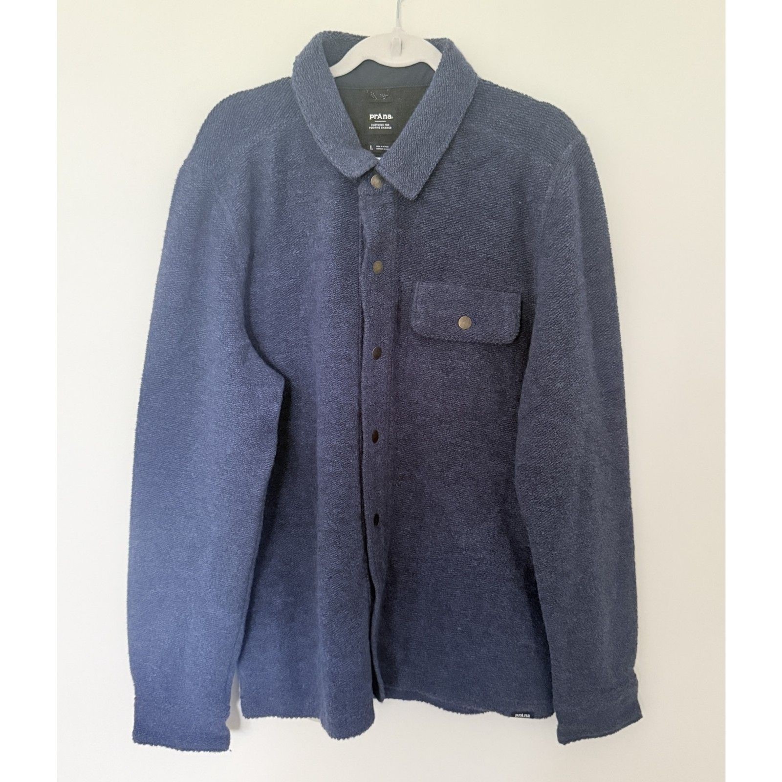 prAna Mens IncrediWool Overshirt Stormy Night Heather Wool Flannel Layer Sz L