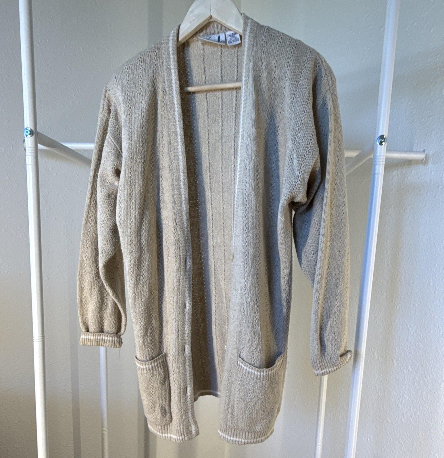 Rafaella Women’s Beige Solid Knit Open Front Long Sleeve Cardigan w/ Pockets S