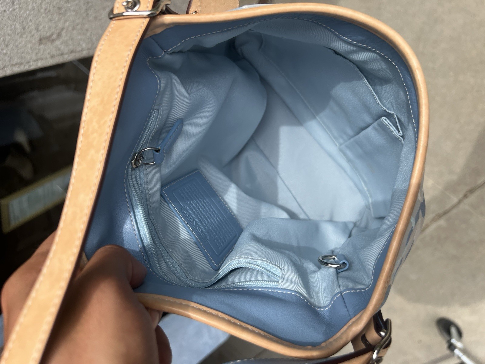Coach Signature Logo Jacquard Shoulder Bag Blue/White Tan, Lined, Tag