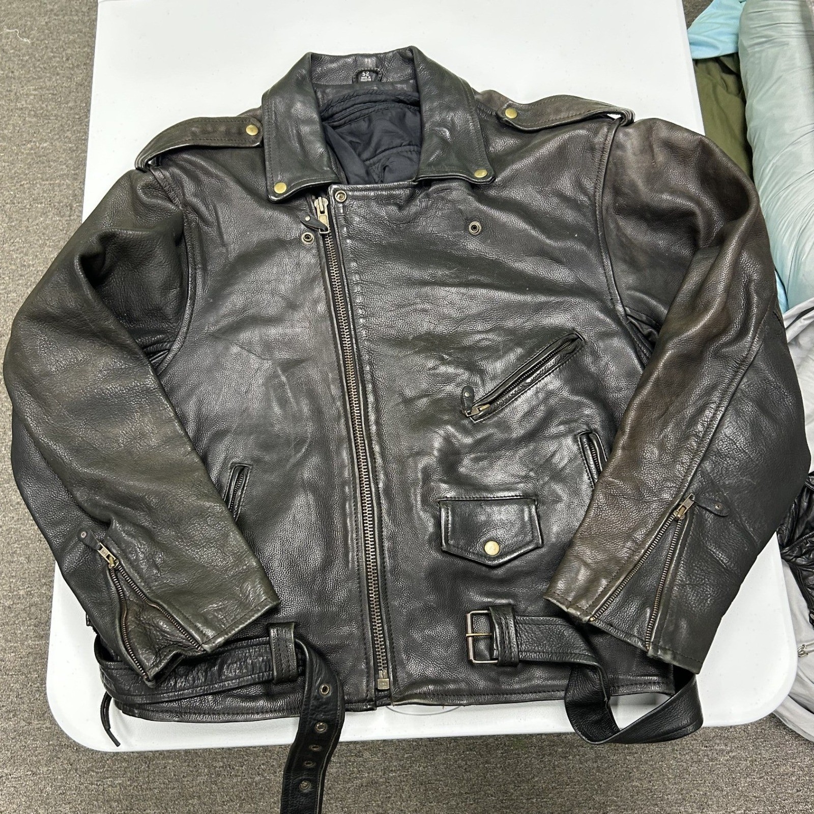 Leather Biker Jacket Mens XL Black Fair Distressed Moto Belted Rider