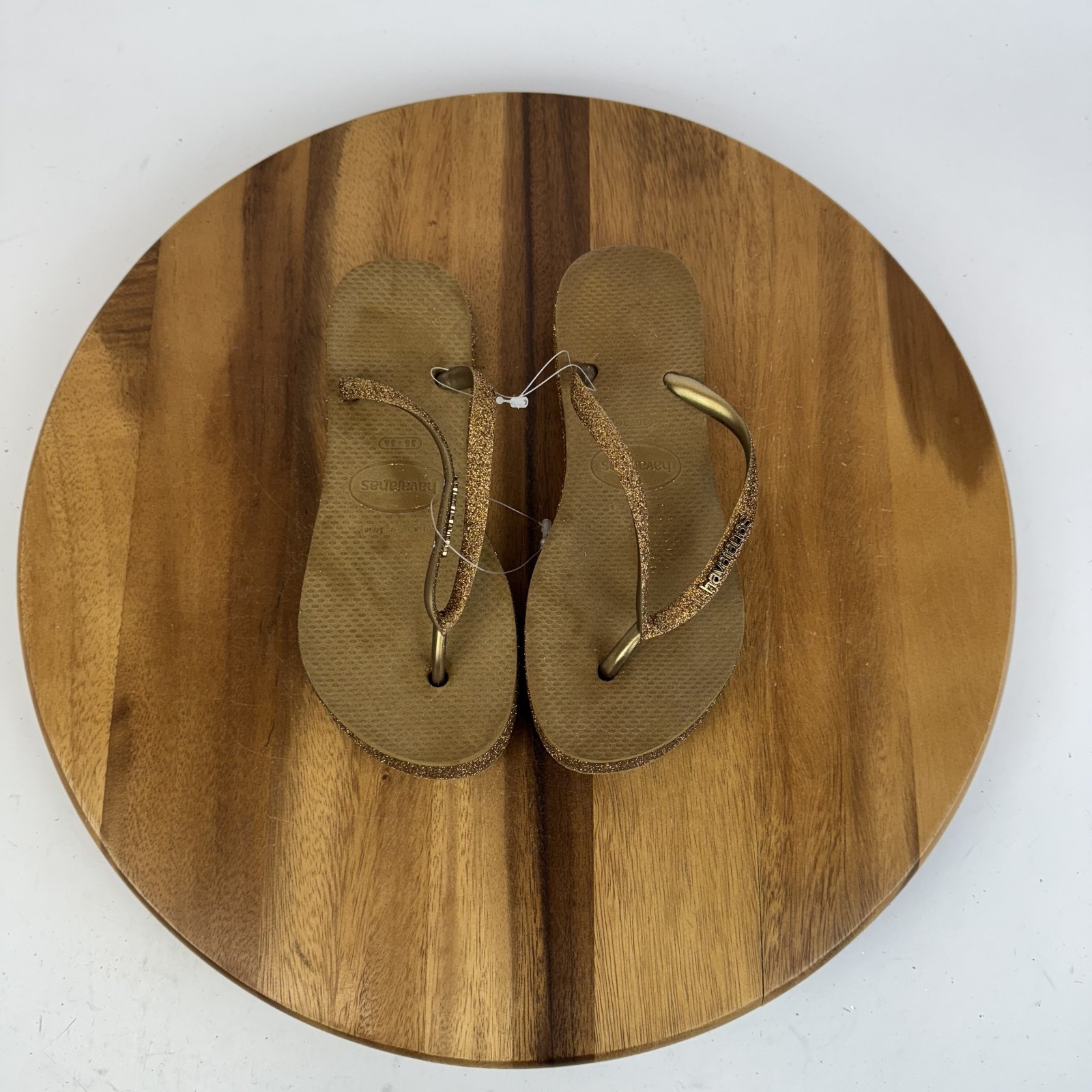 New Womens Havaianas Bronze Slim Flatform Glitter-Strap Thong Sandals Size 6 M
