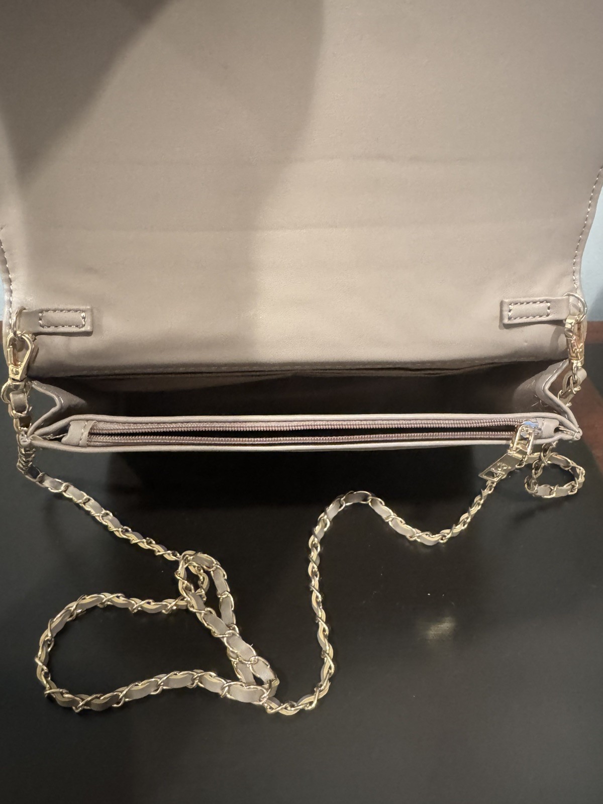 Badgley Mischka Taupe Chevron Quilted Crossbody Bag Chain Strap