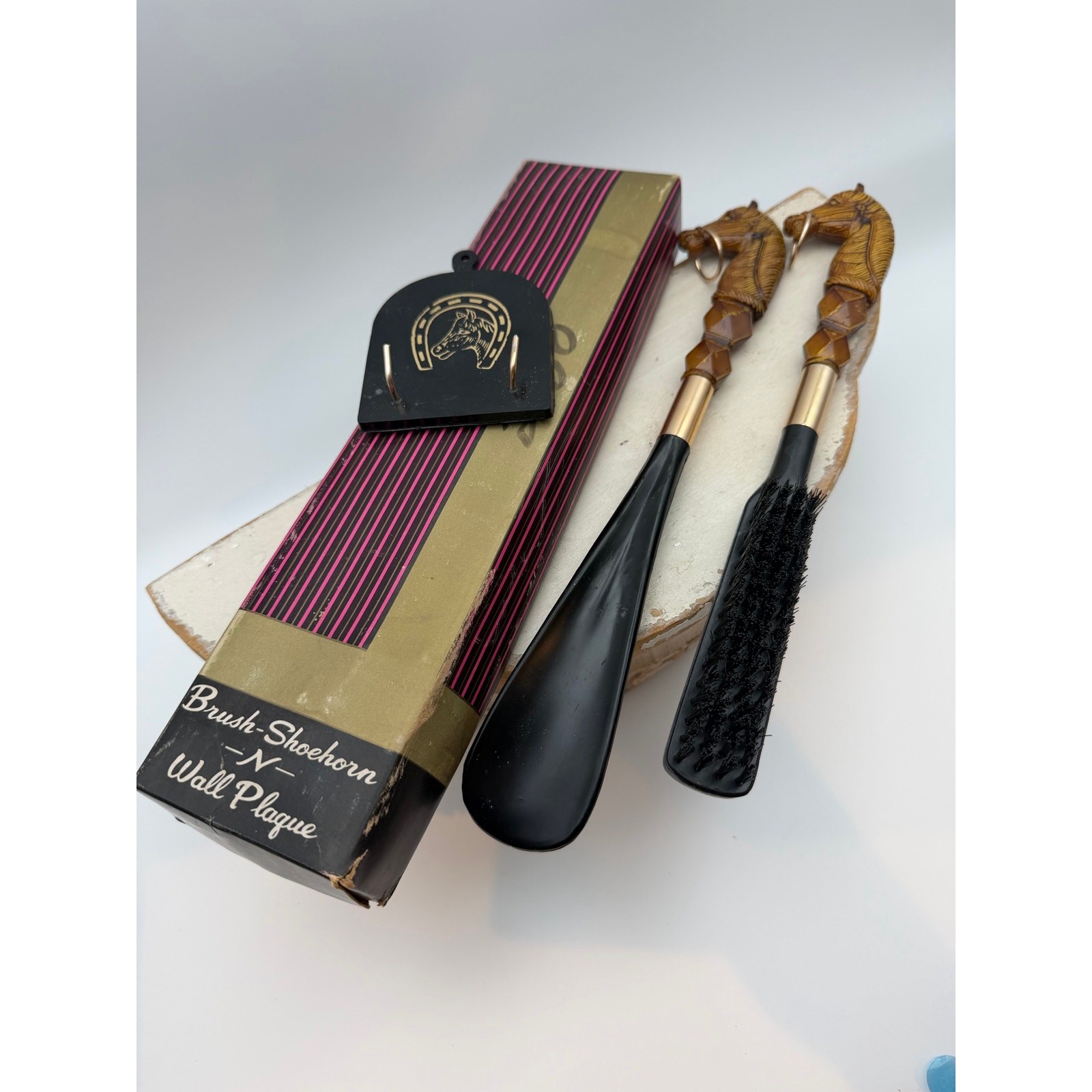 Vintage Mid-Century Modern Horse Head Brush, Shoehorn & Wall Plaque Boxed Set