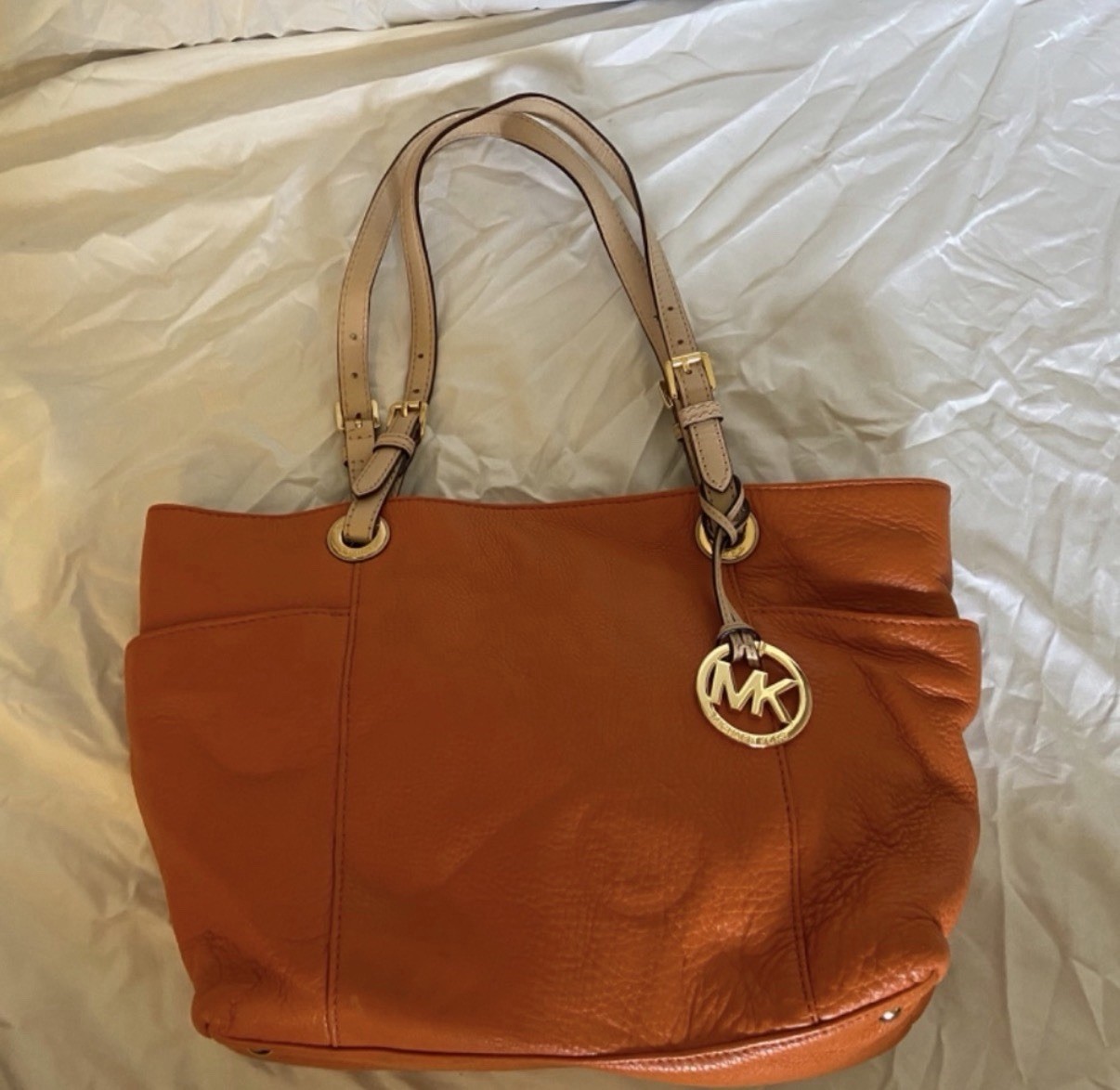 Michael Kors Large Orange Tote Zip Top w/ MK Charm, Beige Straps, Gold HW