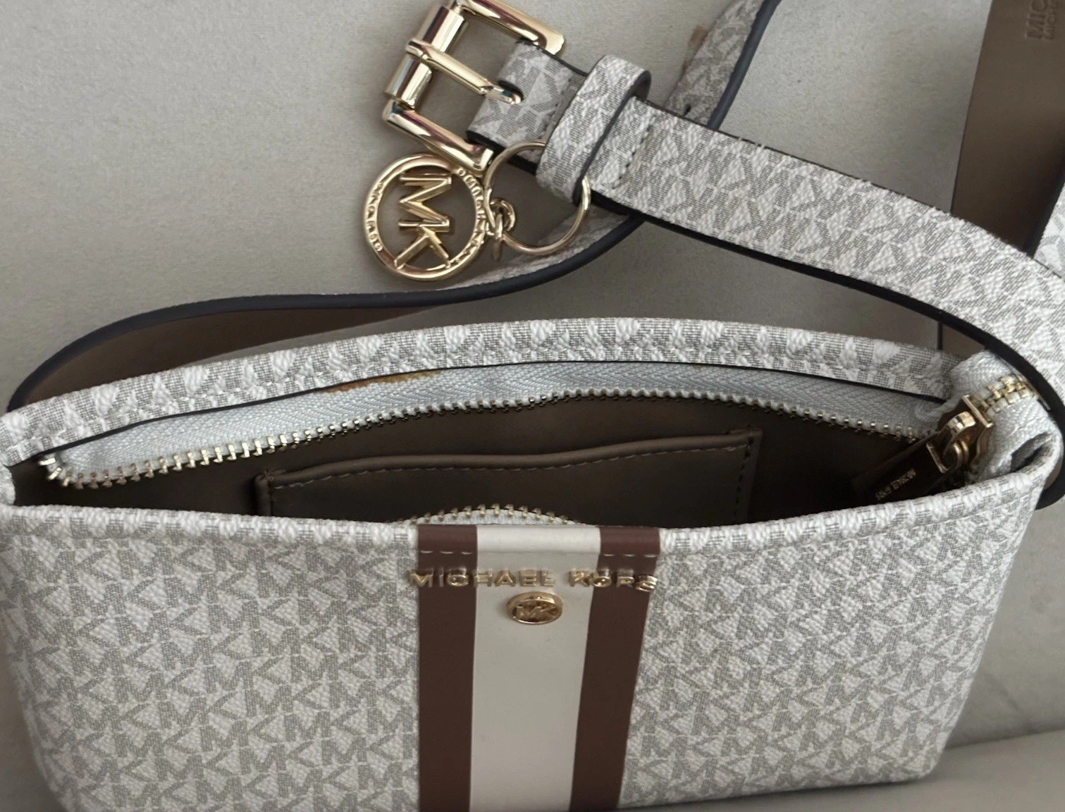 Michael Kors Logo Print Zip Crossbody Bag w/ MK Charm Gold Hardware Gray