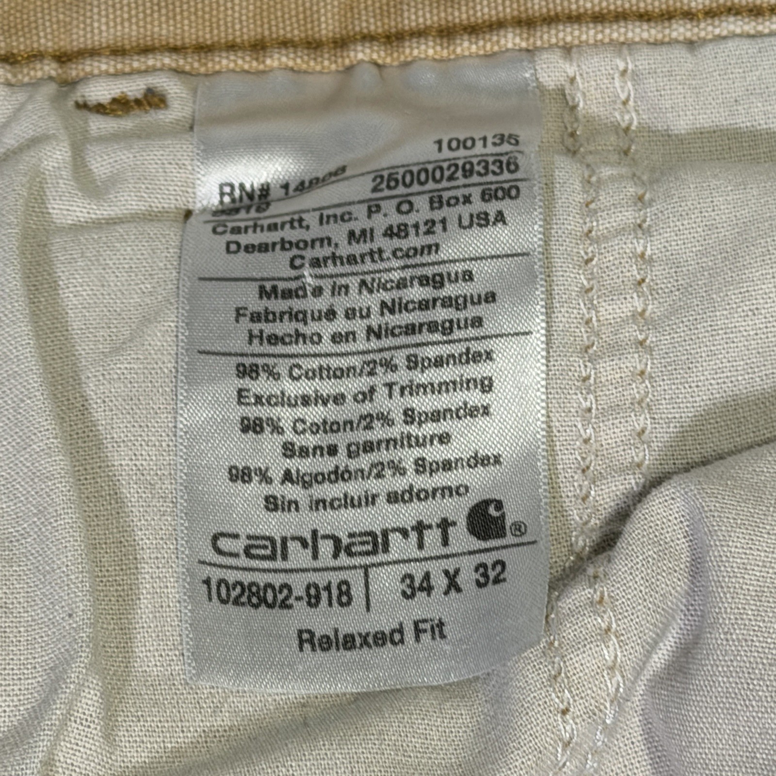 Carhartt Carpenter Pants Men Tan Dungaree Fit Utility Double Knee Workwear 34×32