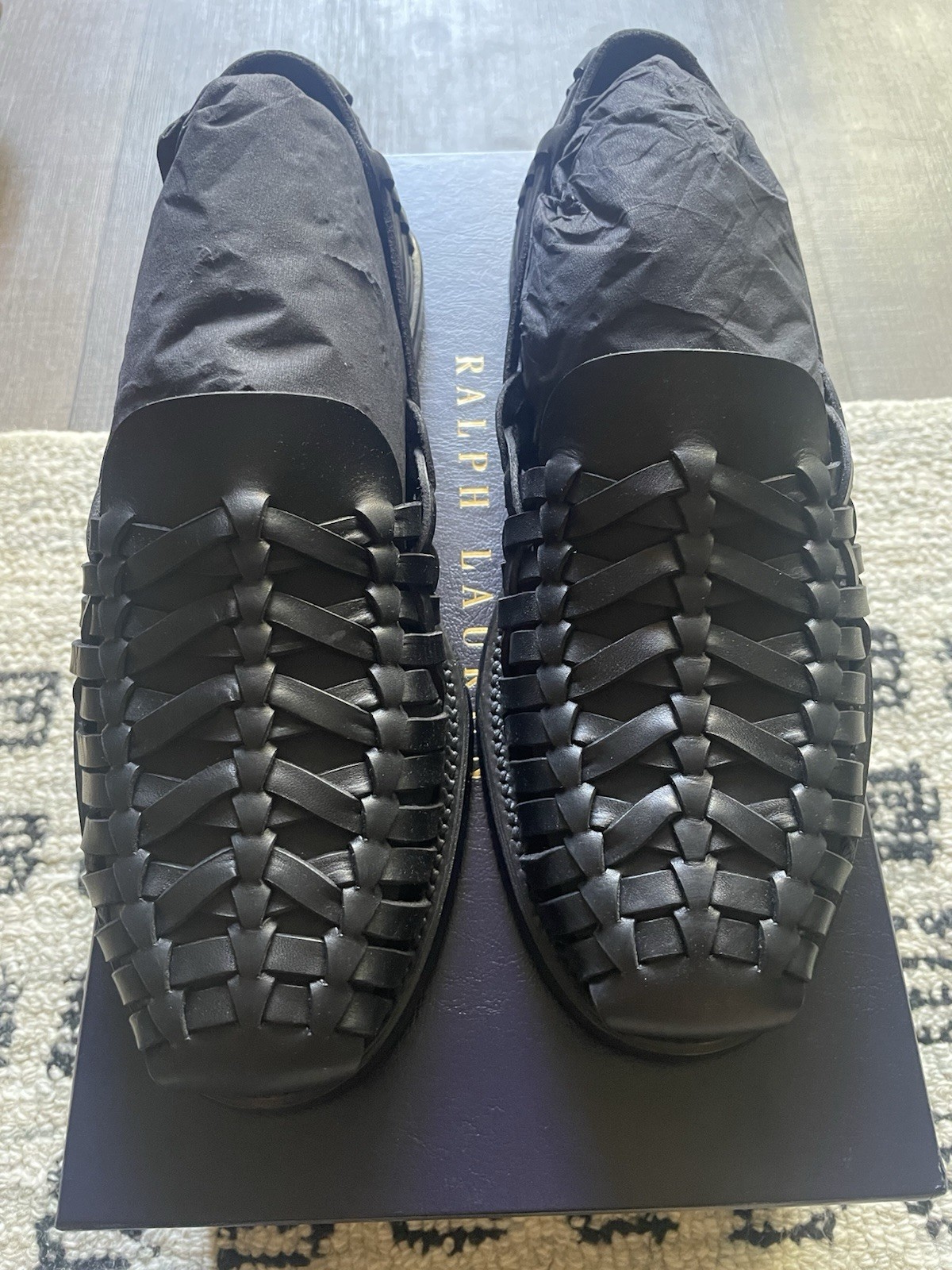 Ralph Lauren Purple Label Loafer Black Leather Woven Slip-On Men’s US 8
