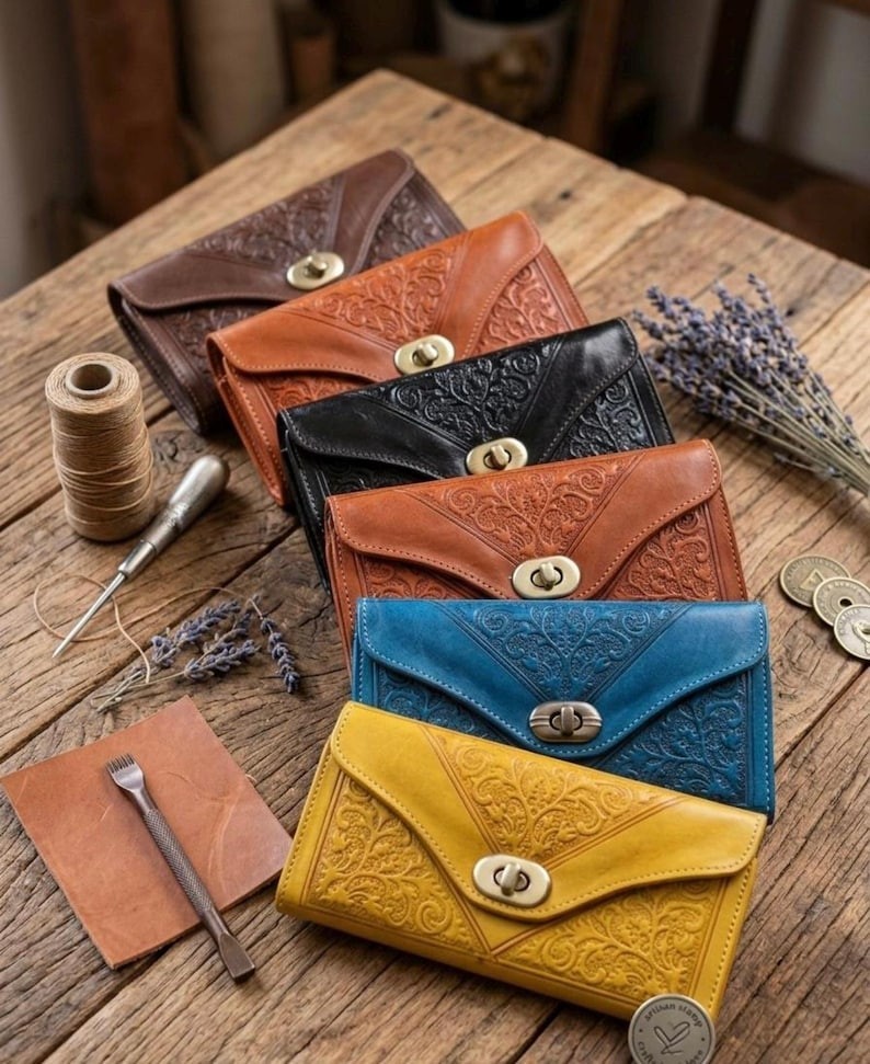 Handmade Moroccan Tooled Leather Clutch Wallet, Genuine Embossed Leather, Boho S
