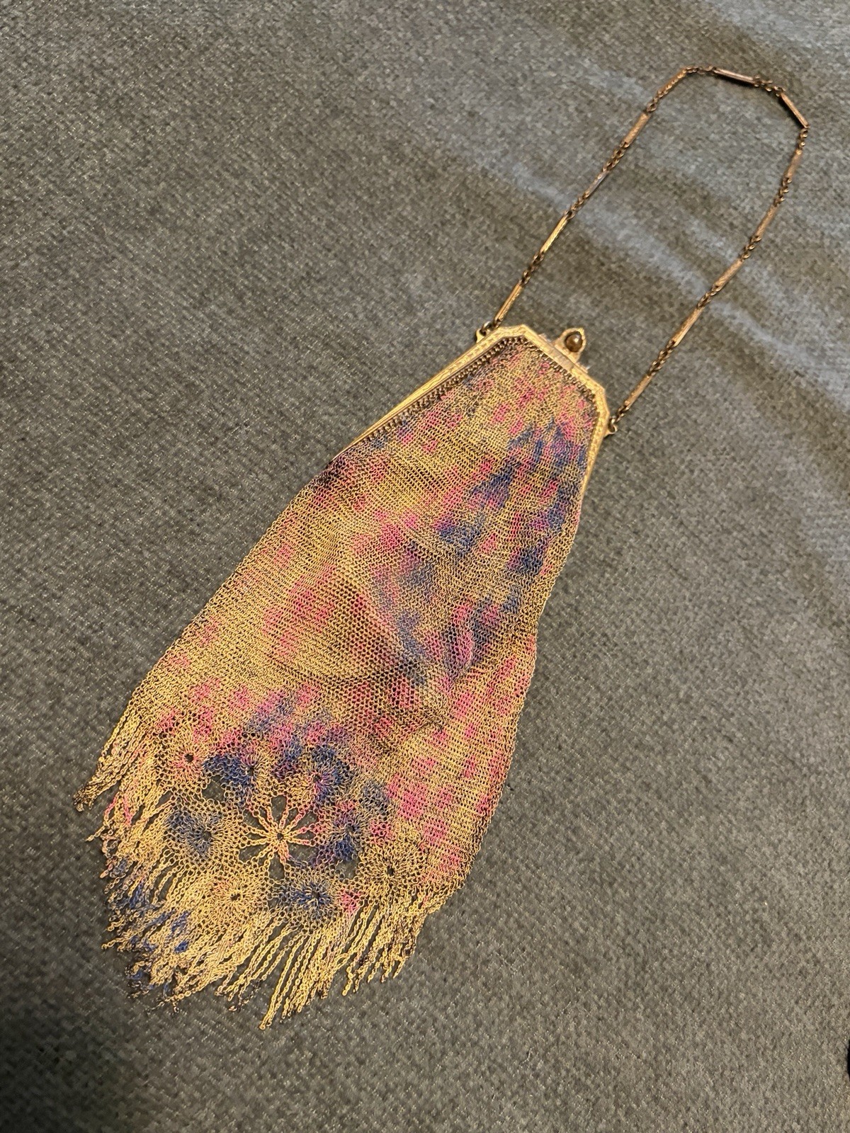 Vintage Art Deco Mesh Chain Coin Purse Fringe Floral Gold Pink Blue