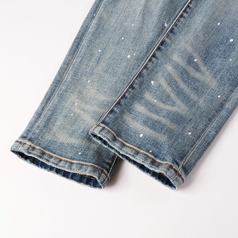 Men’s Vintage Distressed Stretch Denim Skinny Jeans with Patches and Studs
