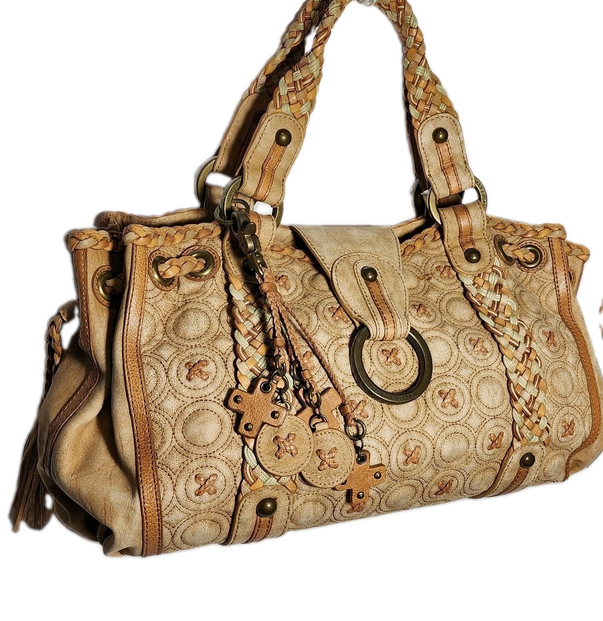 ISABELLA FIORE KISSES AND HUGS EMBROIDERED X’S AND O’S LARGE LEATHER HANDBAG$739