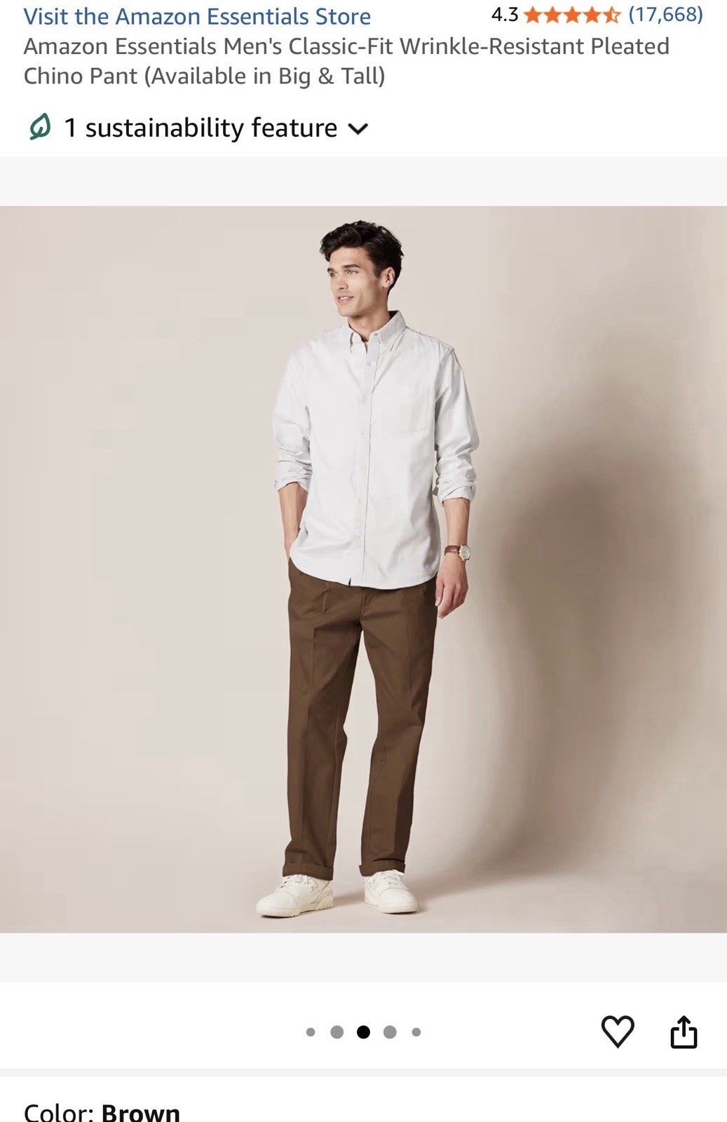 Amazon Essentials Men’s Big & Tall Wrinkle-Resistant Pleated Chinos Brown