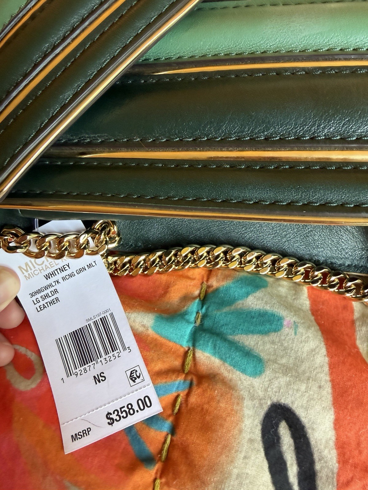 Michael Kors Small Green Striped Quilted Push Lock Shoulder Bag Gold Chain