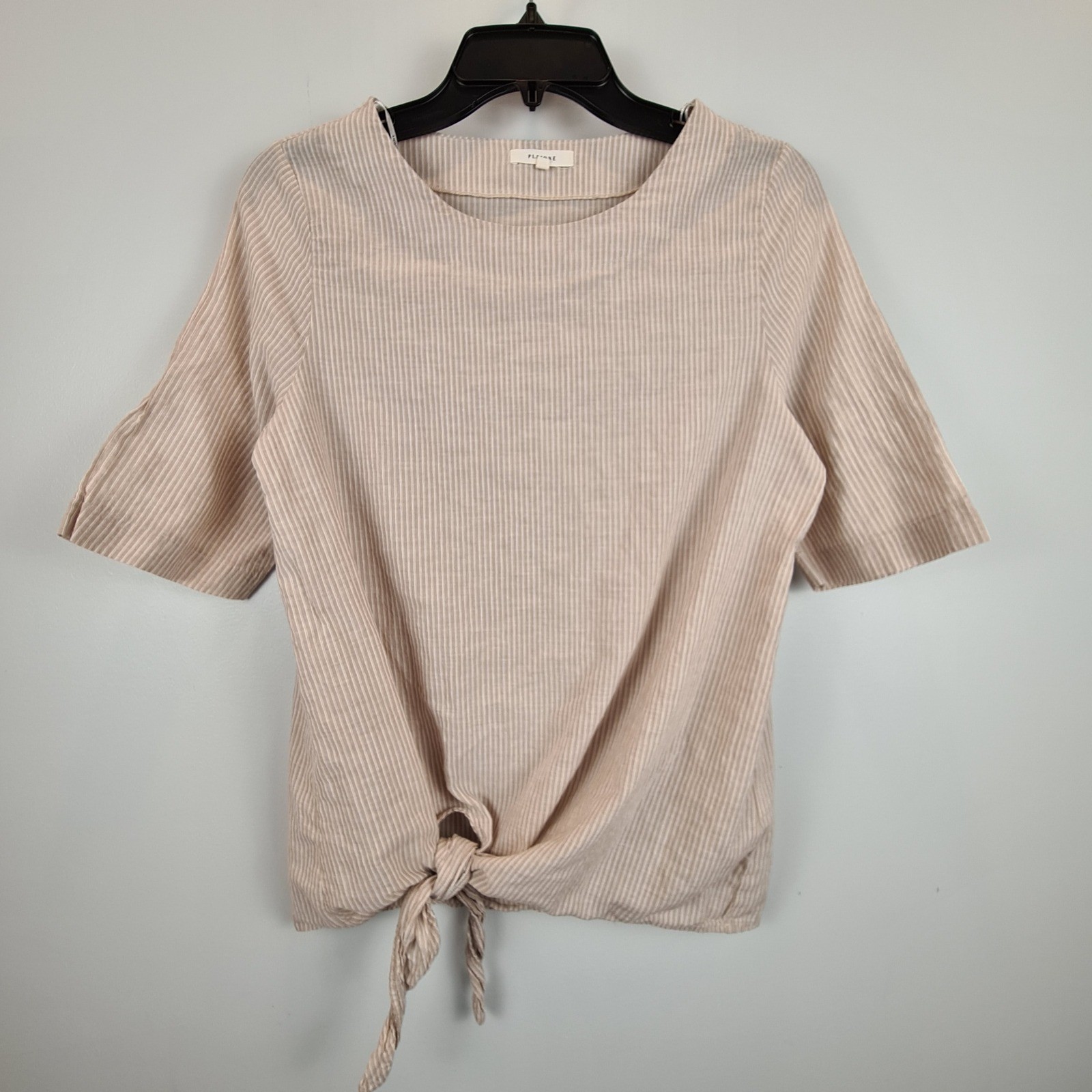 Pleione Womens Tan White Striped Front Tie Knot Short Sleeve Rayon Top Small