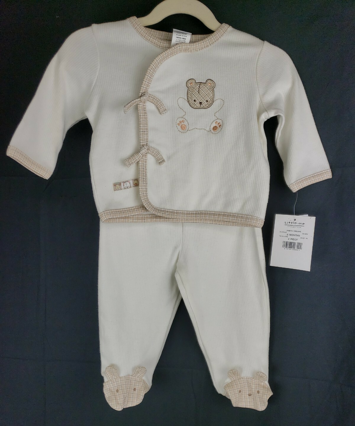 Little Me Baby Bear Patchwork Outfit 6 Mos Set Embroidered Footed 2 Piece Ivory