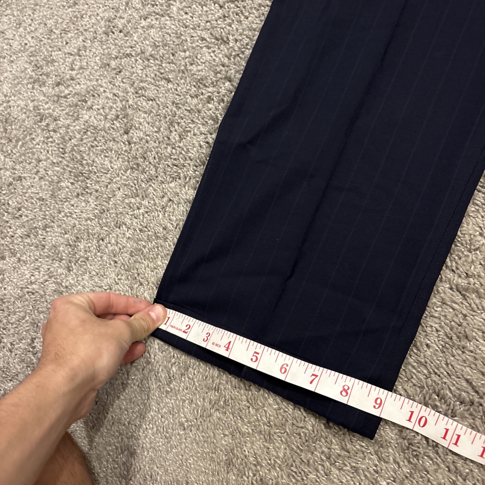 Tom James Mens 42R Pinstripe 2 Piece Suit Blue Corporate Image Pleated 36×32