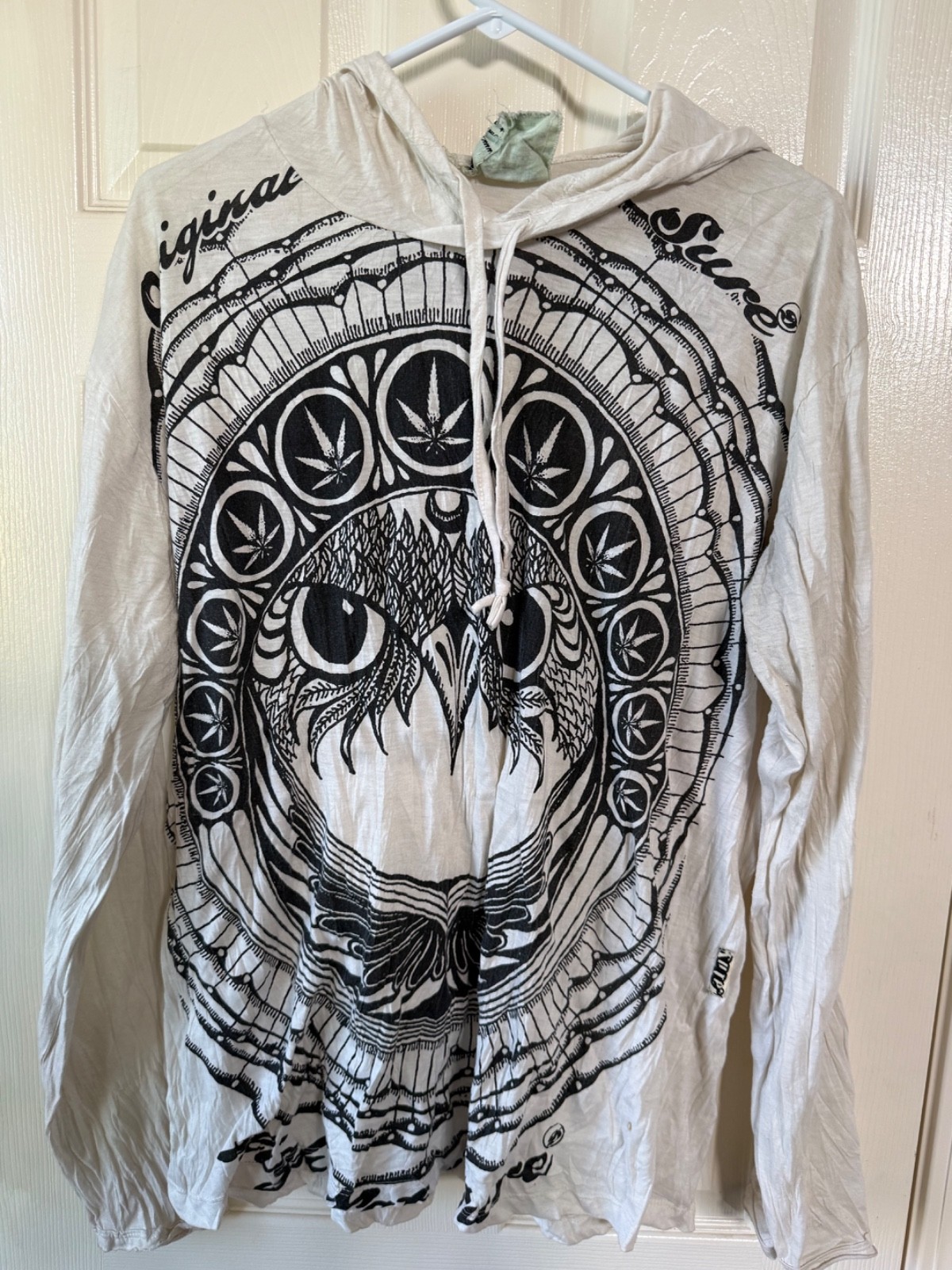 Sure Design XL Lightweight Hoodie Shirt White Owl Cannabis Leaf Mandala Boho
