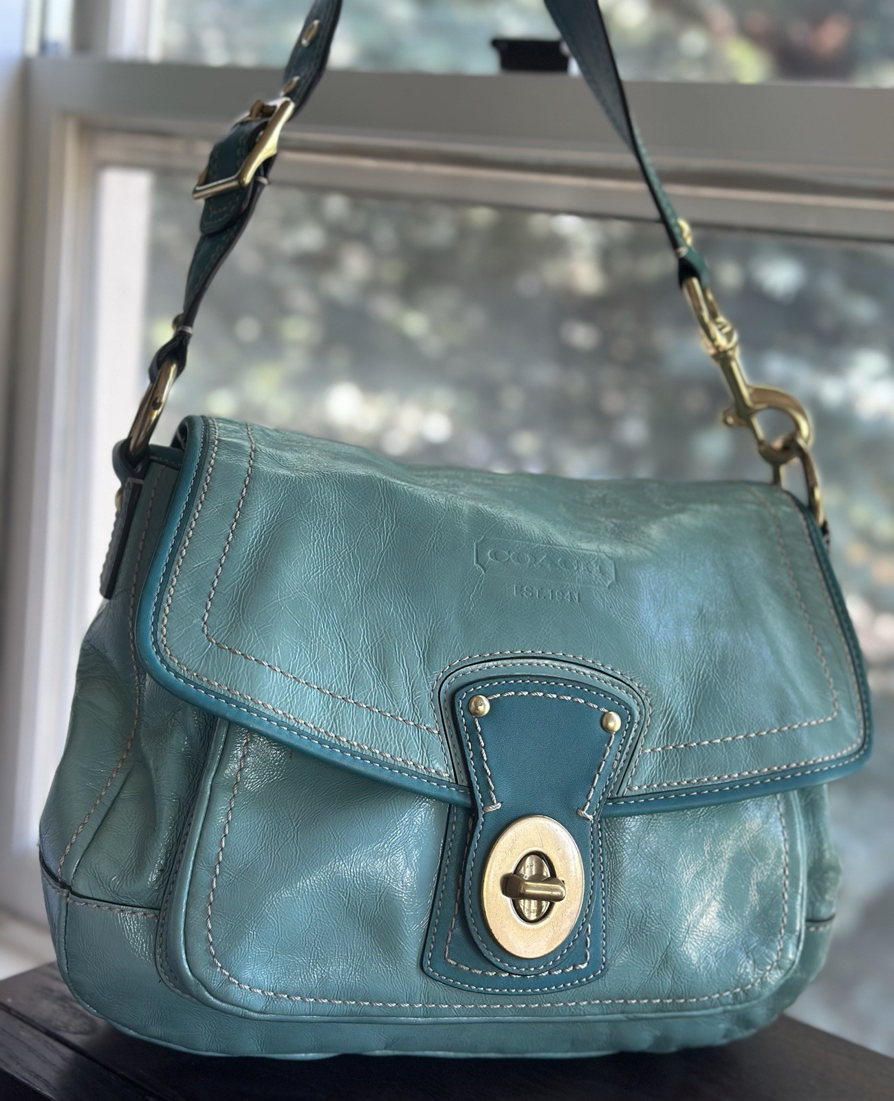 🦋Vintage COACH Ali Turquoise Legacy Patent Leather Turnlock Shoulder Bag f13370