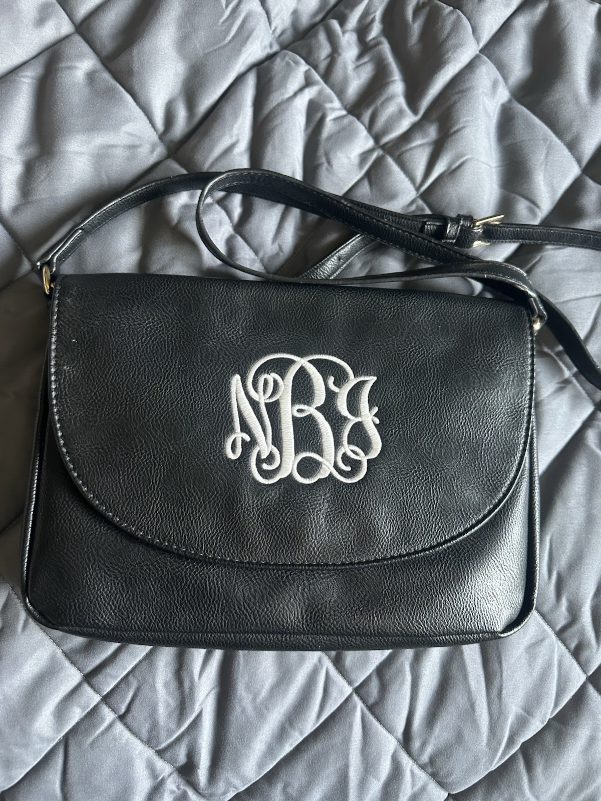 Viv&Lou Black Monogram Shoulder Bag Gold Hardware Hot Stamped Initials Women