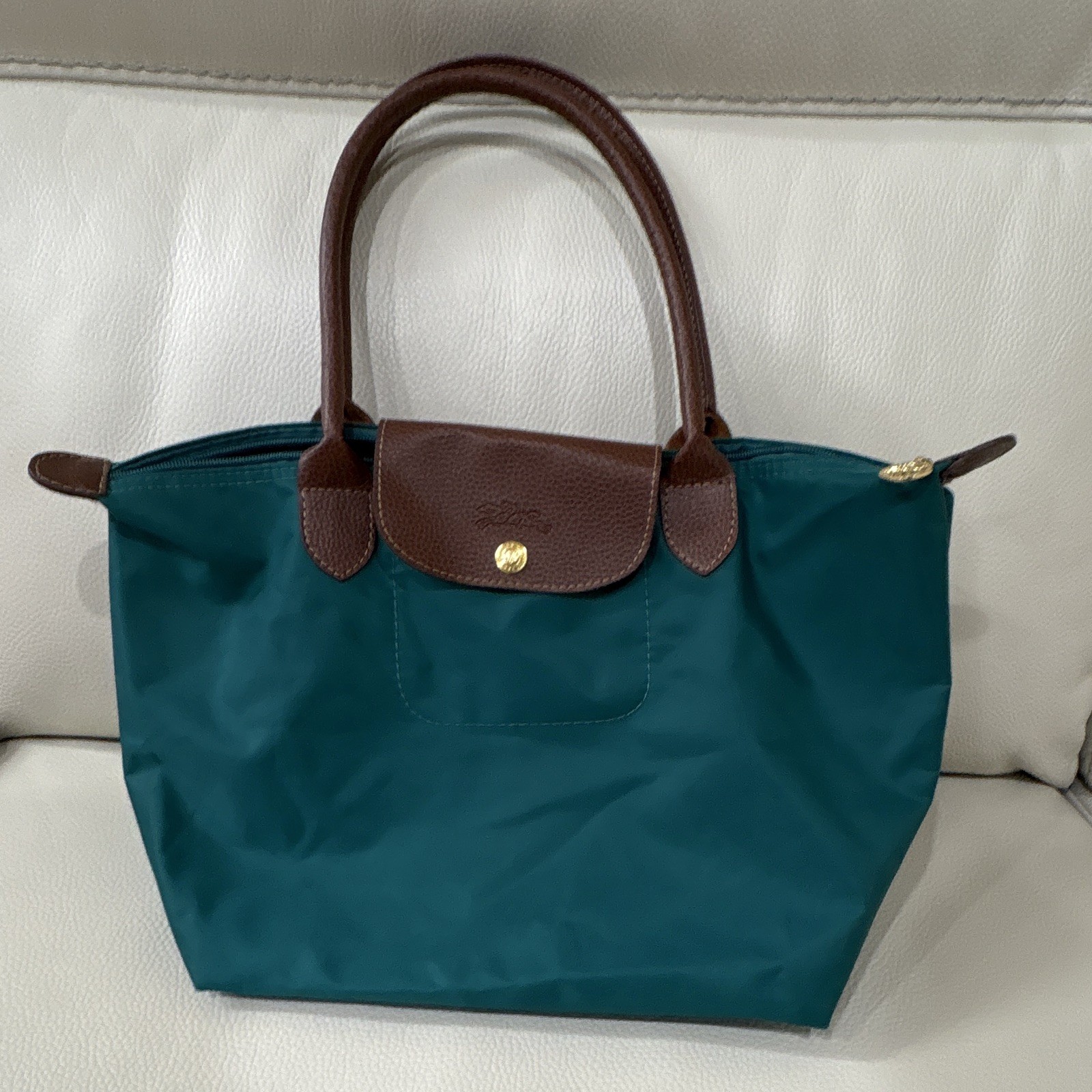 Longchamp Teal Solid Tote Bag Zip Snap, Pockets, Brown Top Handle, Gold