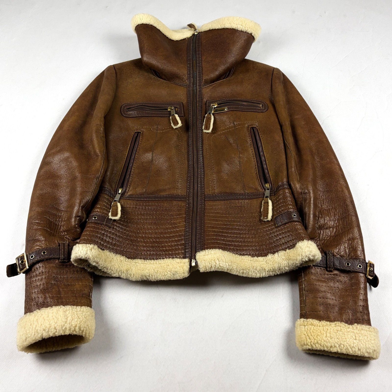 Vintage Shearling Leather Jacket Distressed Brown Aviator Biker Winter Coat Y2K