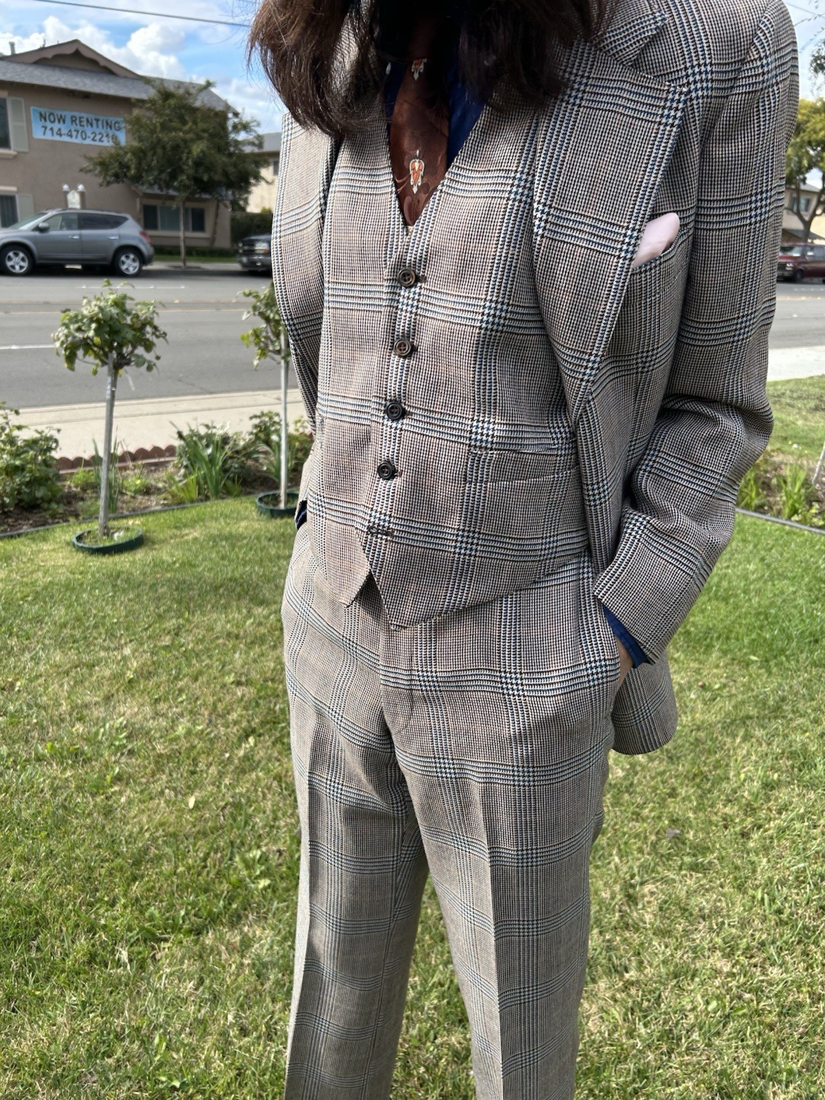 1970s Tweed 3 Piece Suit Bell Bottom Pants Brown Orange Prince of Wales Check