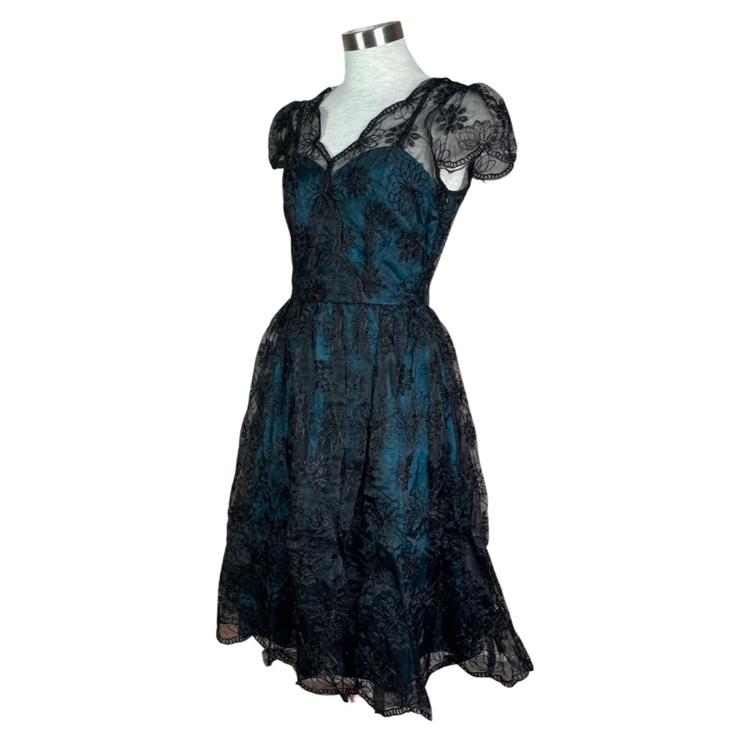 VOODOO VIXEN RETRO PIN UP 50s MAY TEAL LACE OVERLAY TAFFETA BLUE DRESS DRA8085