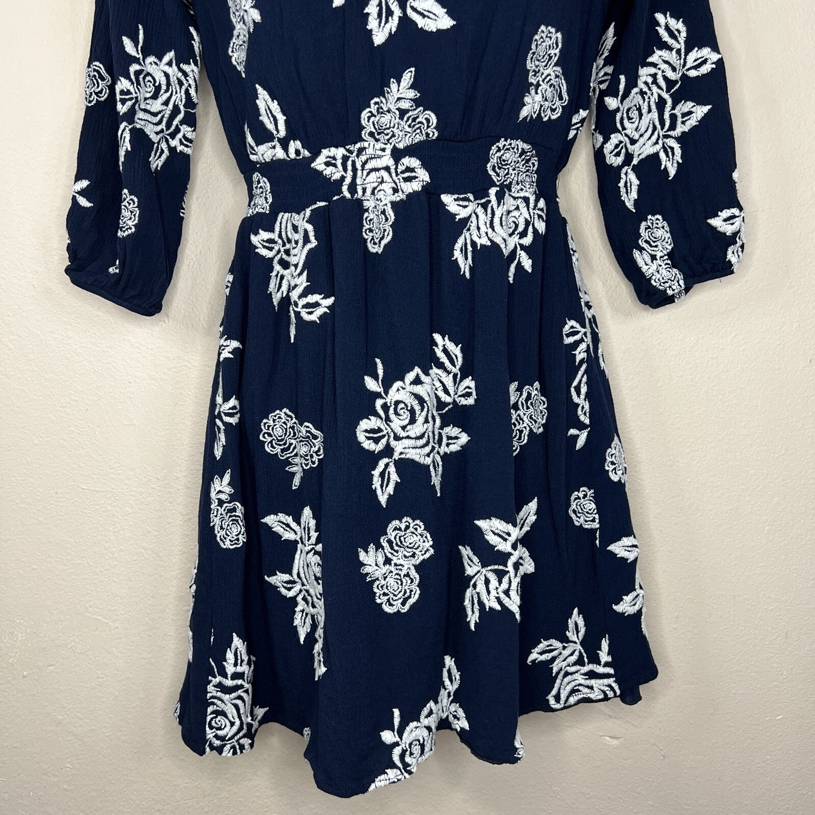 Small Dark Blue White Embroidered Floral Peasant Boho Dress Cold Shoulder