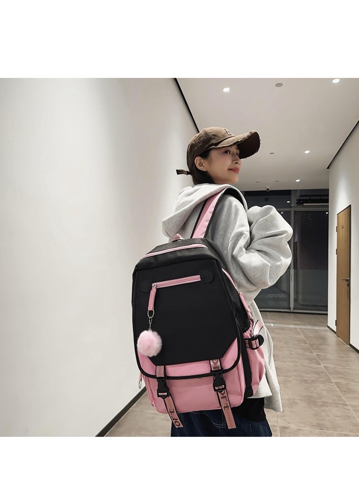 Women’s Colorblock Backpack Black Pink Zip Buckle Bag Charm Adjustable Straps