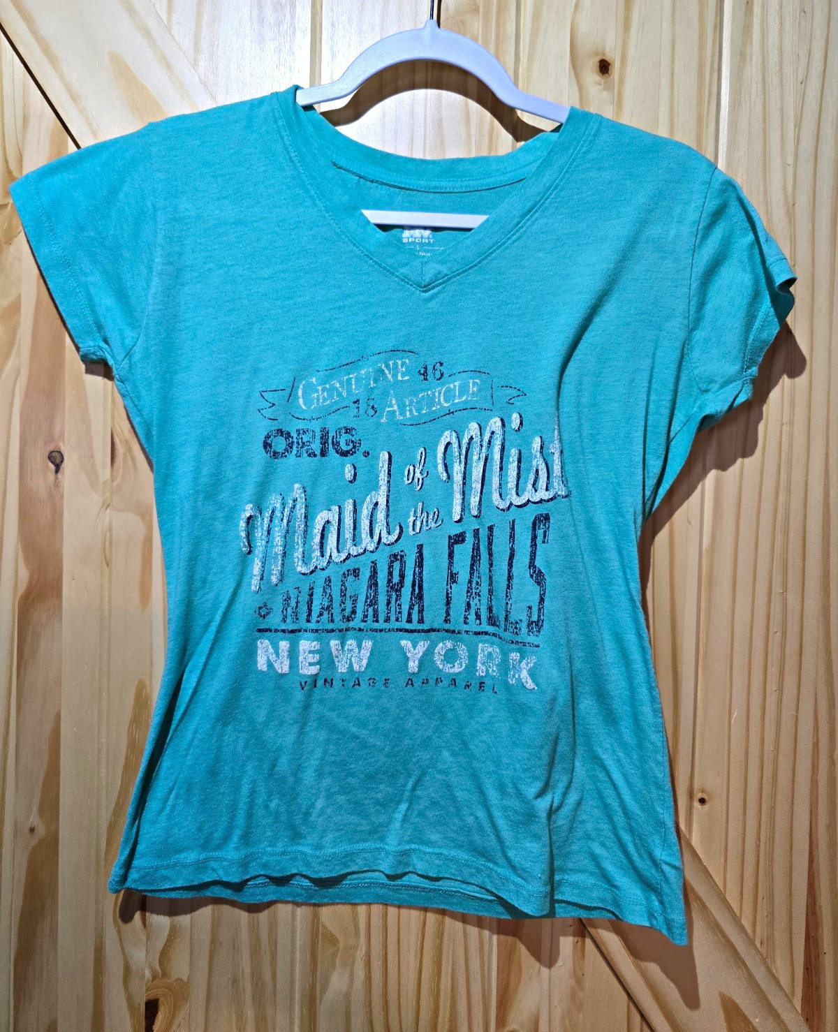 MV Sport Women’s Teal V-Neck Short Sleeve New York Graphic T-Shirt Size L