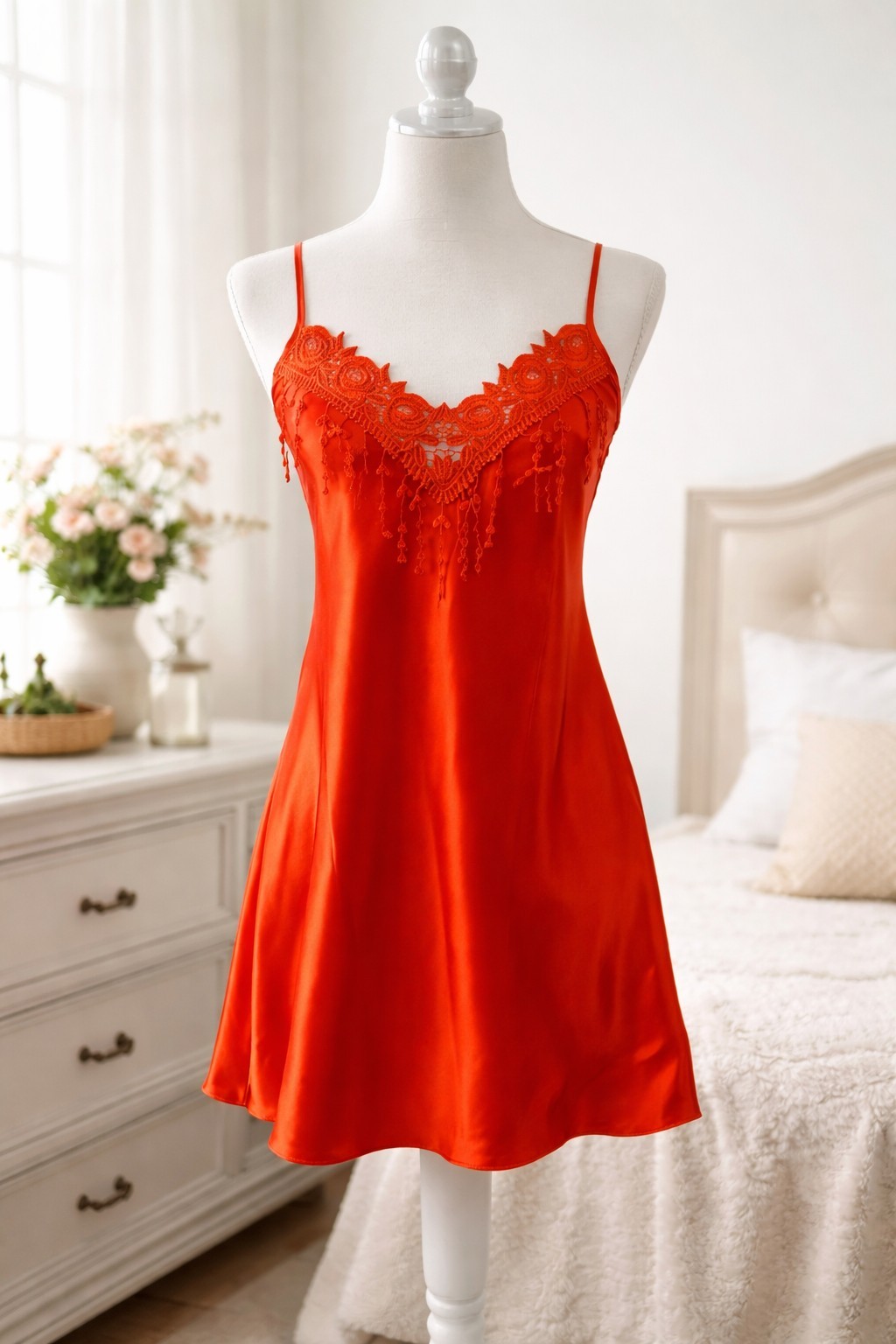 Sexy Red Satin Nightgown Lace V-Neck Chemise Sleepwear Lingerie Dress SIZE S