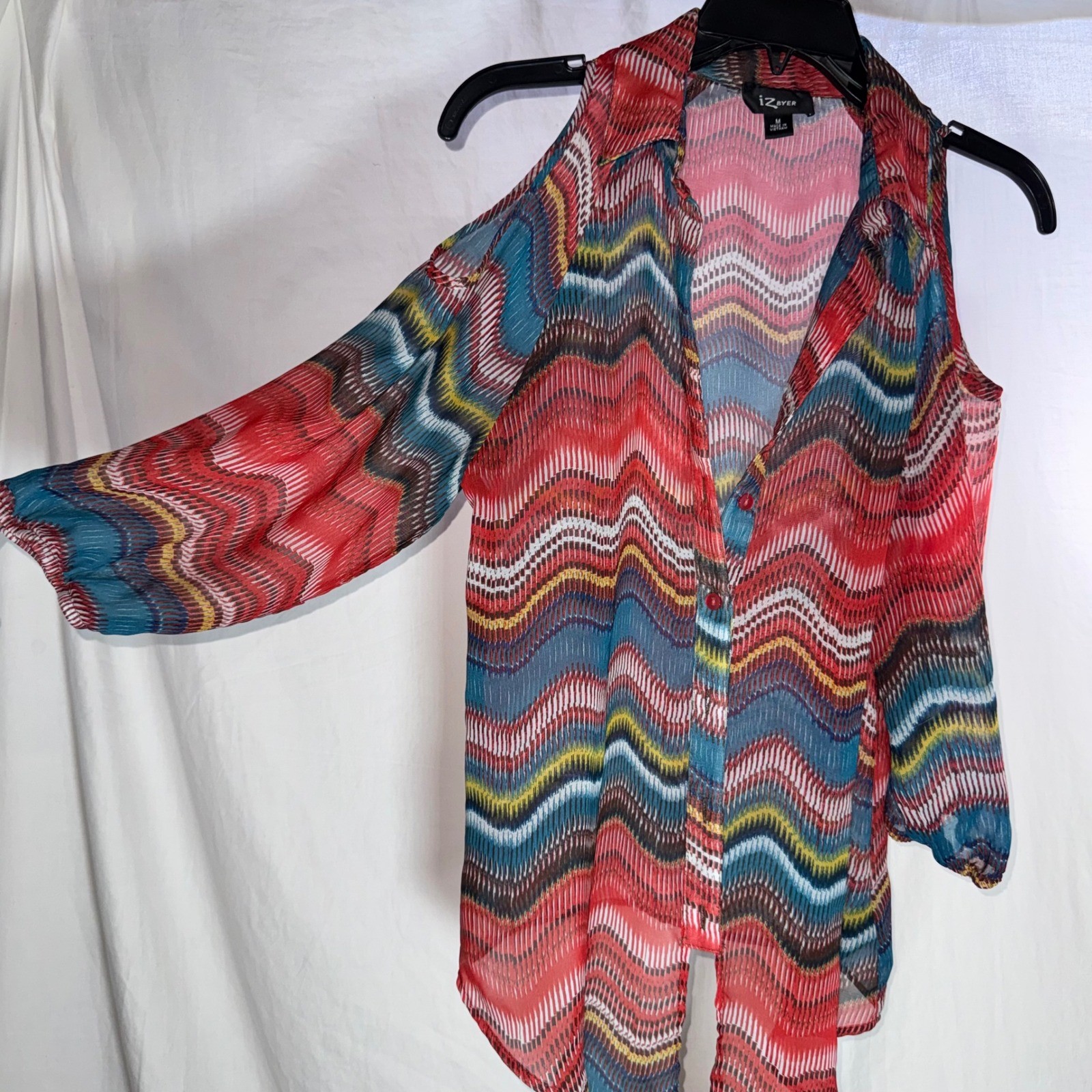 Boho Cold Shoulder Blouse Multi Color Chiffon Button Down Womens Size Medium