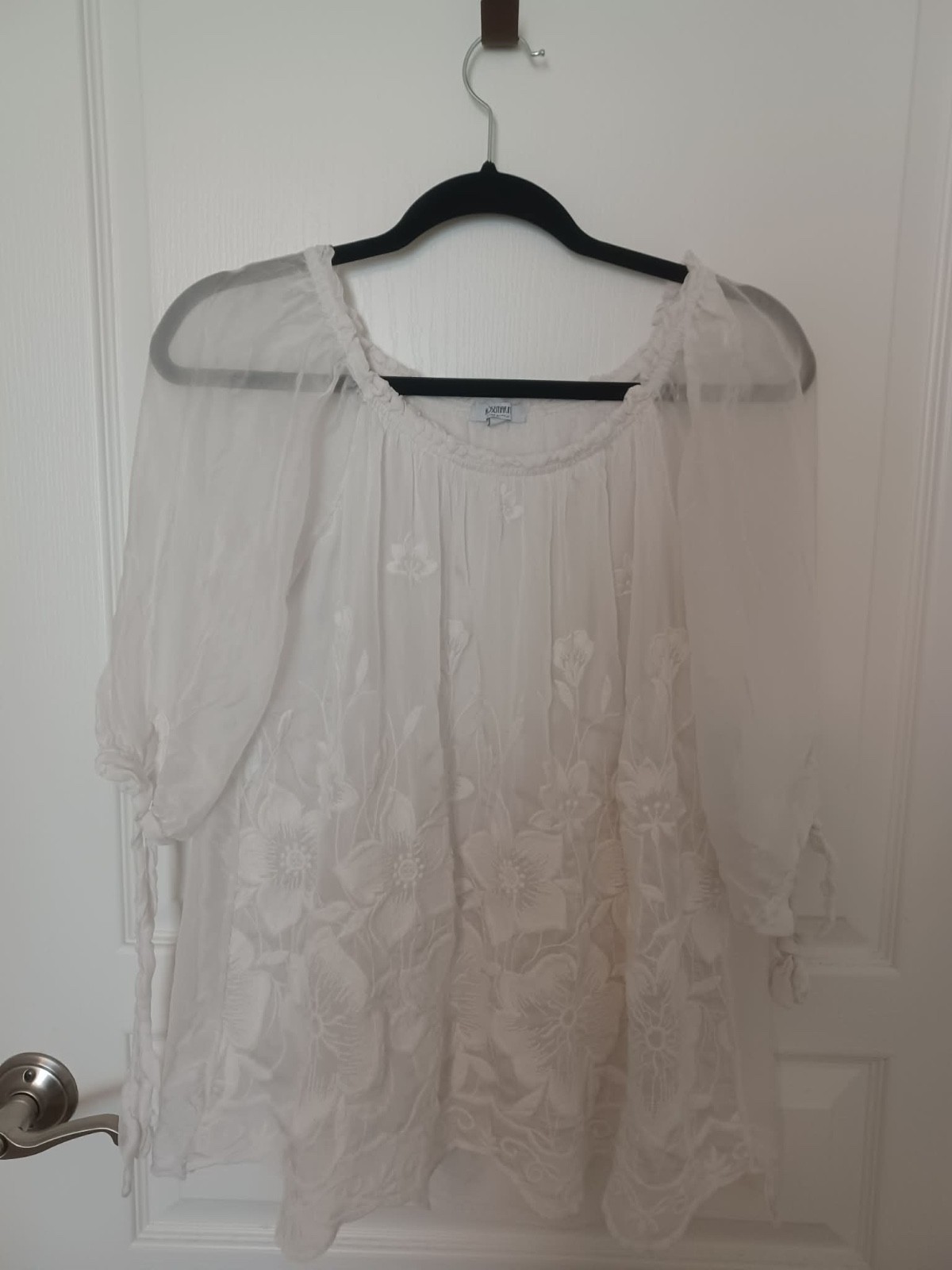 ROSEMARINE Italian White Silk Blend Embroidered Chiffon Blouse Peasant Top Sz L