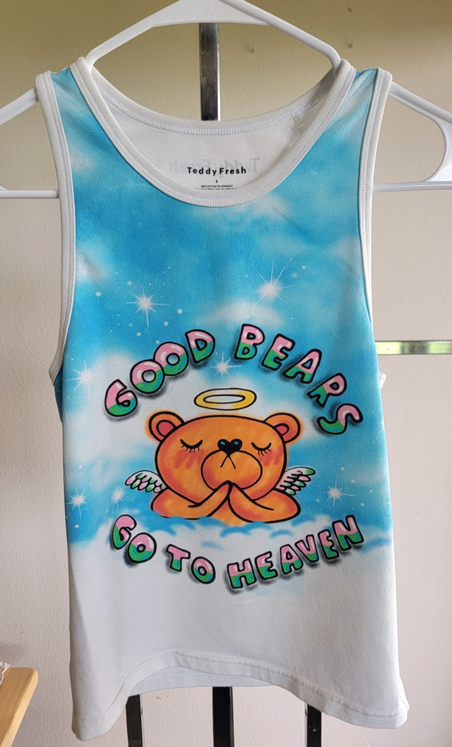 Teddy Fresh “Good Bears Go to Heaven” Tank Top S– Angel Bear Graphic