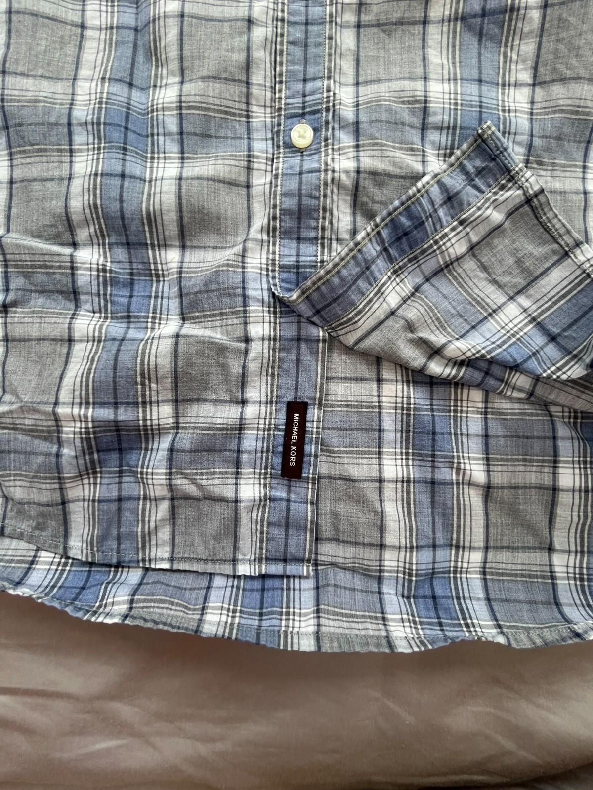 Michael Kors Men’s Blue Plaid Slim Fit Long Sleeved Button Up Shirt- Size M
