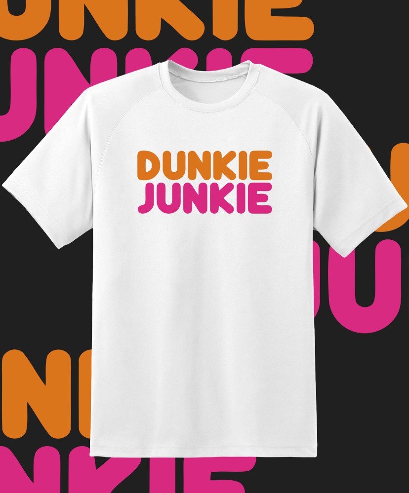 Dunkin Donuts Dunkie Junkie Coffee logo T Shirt Adult and youth size Fast Ship