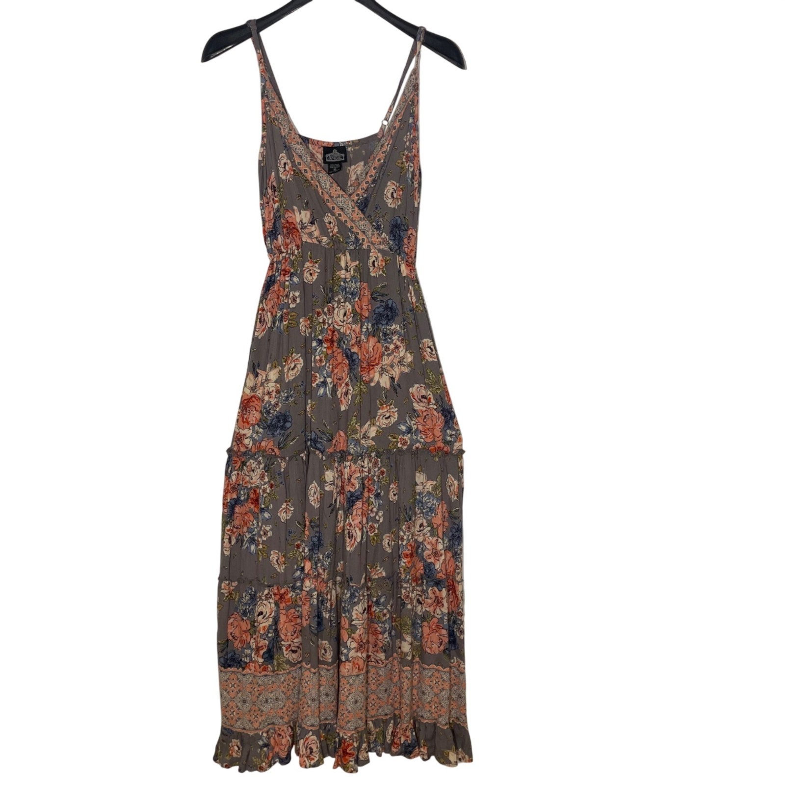 Angie Tiered Floral Ruffle Babydoll Maxi Dress Sz MED Boho Rayon Resort