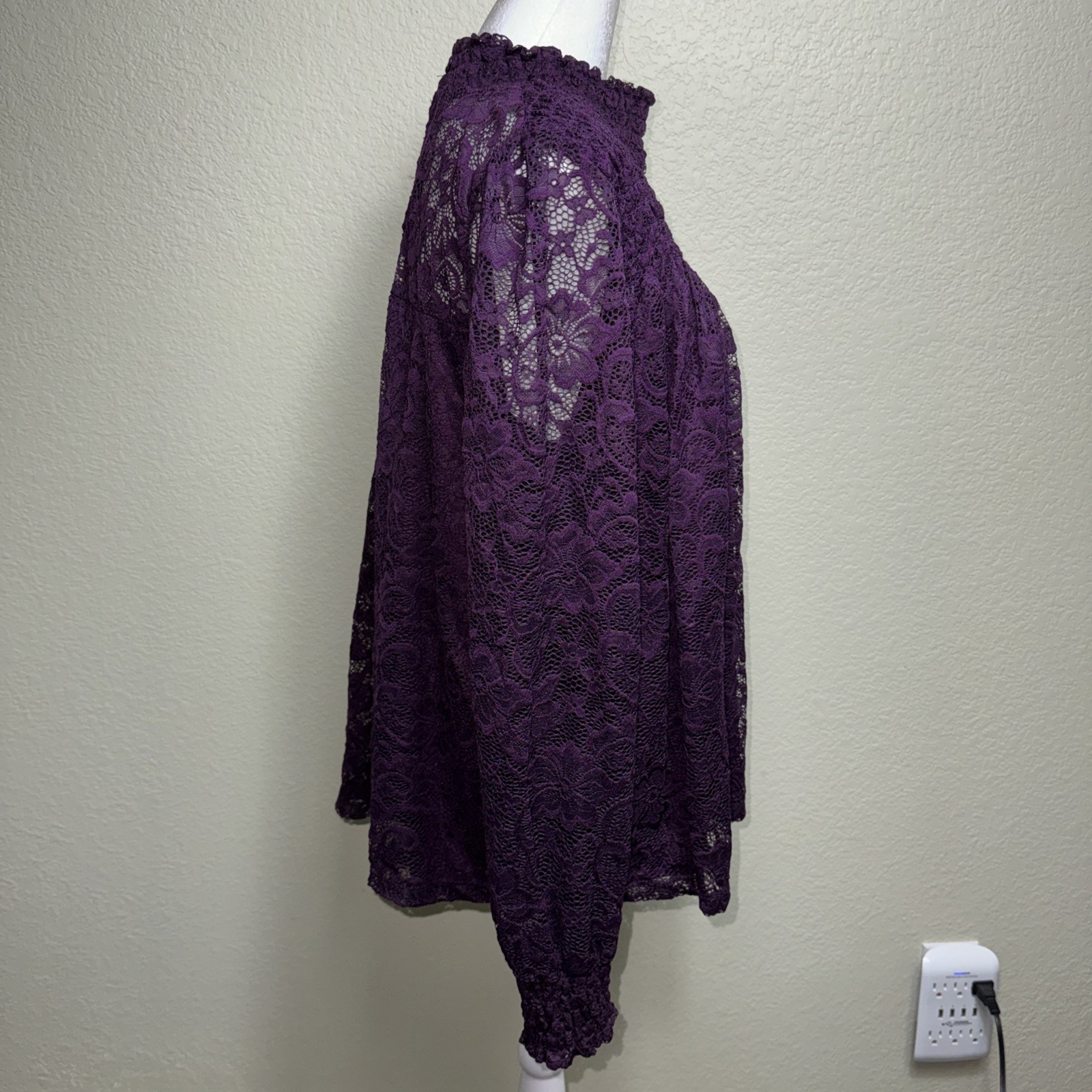 Cable & Gauge Purple Lace Top Blouse XL Smocked Neck Romantic Whimsigoth Fairy