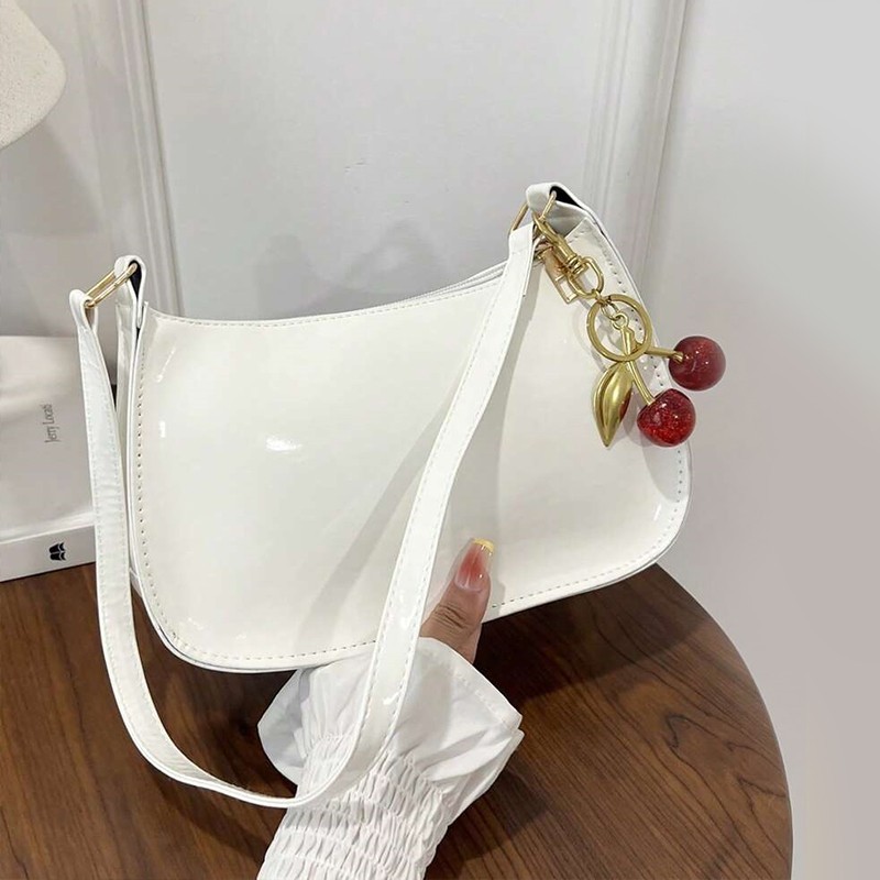 Womens PU Leather Shoulder Bag Cherry Pendant Handbag Casual Underarm Purse