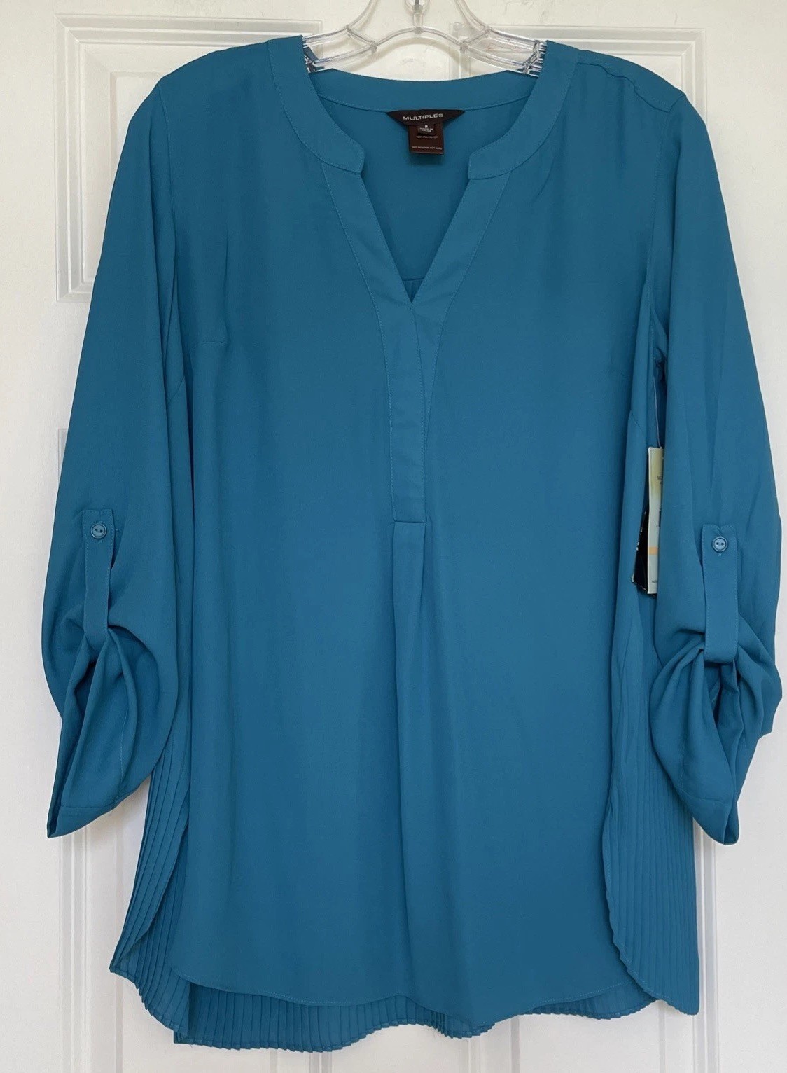 New Multiples Teal Tunic Blouse Women Size S Pleated Back Roll Tab OVERSIZED
