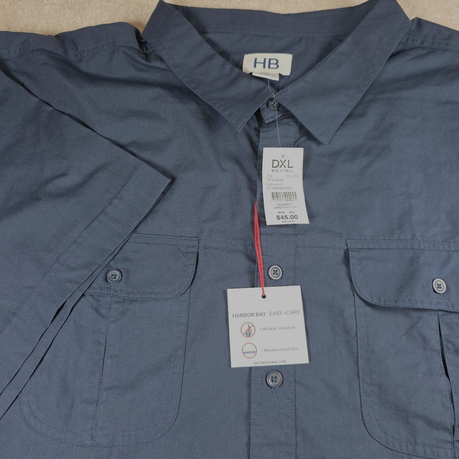 HB Harbor Bay Shirt Mens 5XL Blue Short Sleeve Button-Up Pockets Easy Care NWT