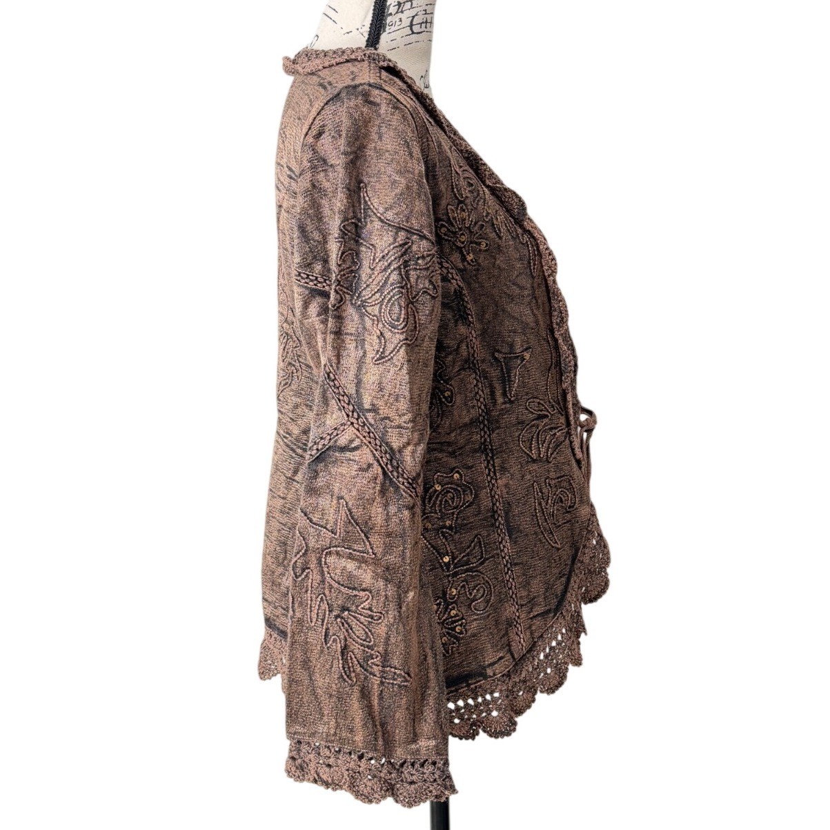 Flashback Womens Size S Cardigan Embroidered Crochet Trimmed Brown Artsy